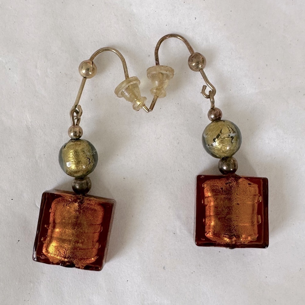 Venetian glass amber square bead on gold wire pierced earrings. 1 3/4” drop